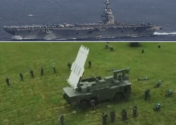 The Gerald R. Ford Carrier Strike Group, top, arrived in the region Tuesday, as Venezuela's military, below, scrambled to prepare for a potential confrontation.