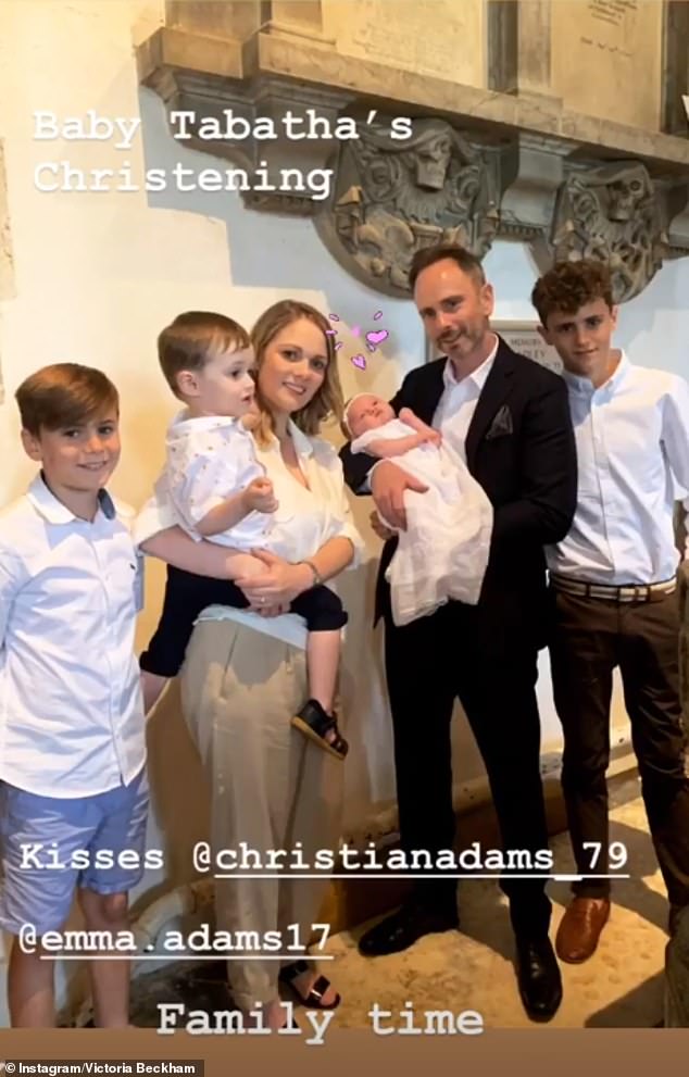 Sweet: Victoria's beloved brother Christian (second from right) and daughter Tabatha - with wife Emma (second from left) in April 2019 at her Christening