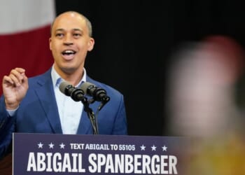 Democratic candidate for Attorney General Jay Jones gives a speech during a rally in Norfolk, Virginia, on Nov. 1, 2025.