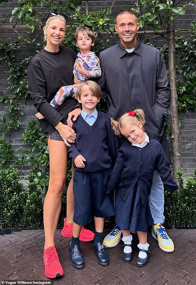 Vogue shares Theodore, seven, Gigi, five, and Otto, three, with her Made in Chelsea star husband, Spencer Matthews, who is currently in Cape Town on a Seven ultra-triathlon challenge