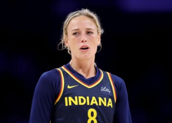 Sophie Cunningham of the Indiana Fever looks on during the first half of a game against the Los Angeles Sparks at Crypto.com Arena on Aug. 5, 2025, in Los Angeles, California.