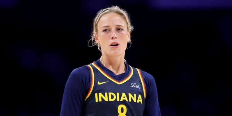 Sophie Cunningham of the Indiana Fever looks on during the first half of a game against the Los Angeles Sparks at Crypto.com Arena on Aug. 5, 2025, in Los Angeles, California.