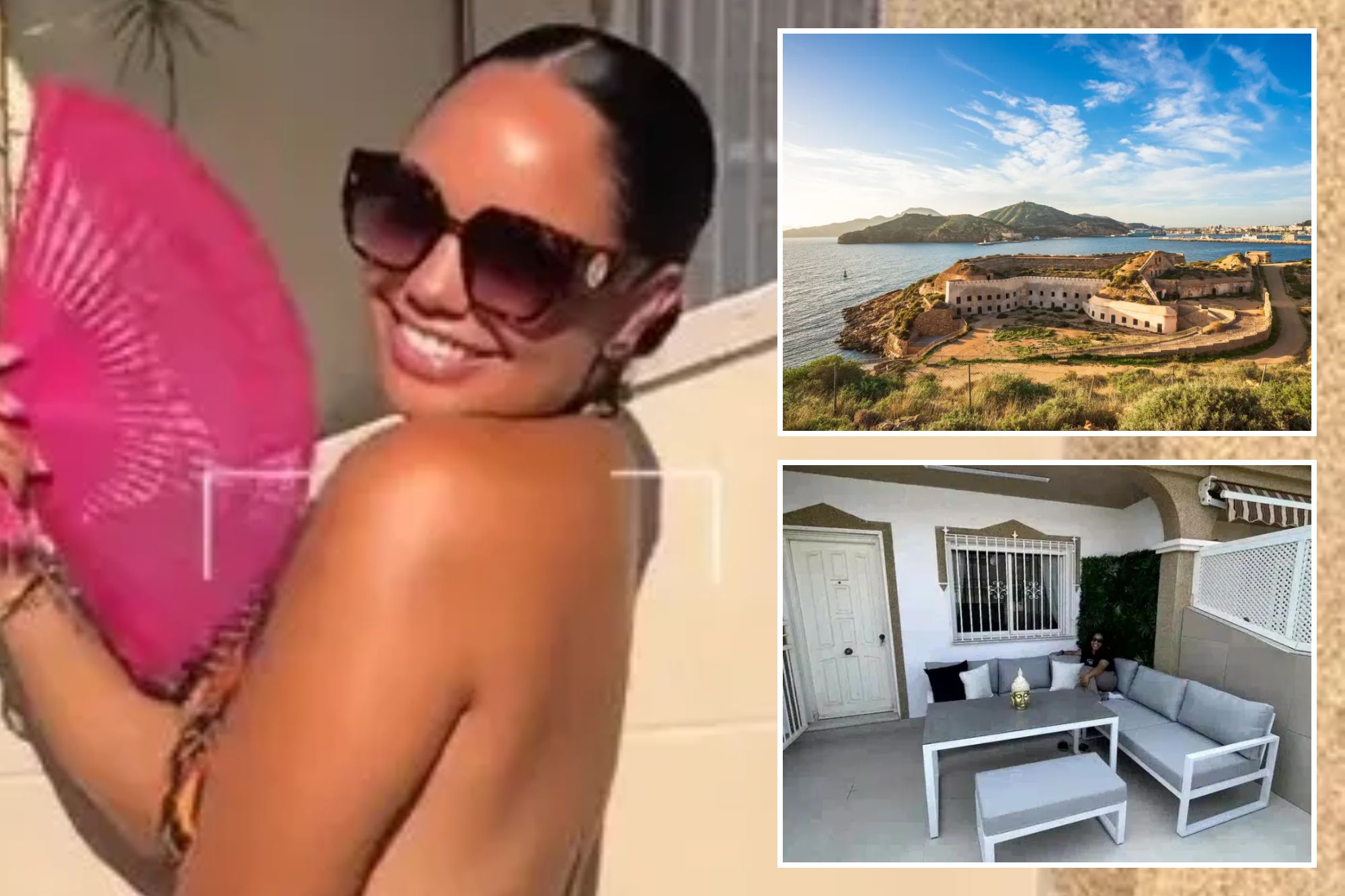 An image collage containing 3 images, Image 1 shows A woman in a backless orange snakeskin print dress, holding a pink fan, stands smiling outside a building in the sun, Image 2 shows Scenic view of Cartagena's harbour in Murcia Region, Spain, Image 3 shows A woman sits on an outdoor patio set in Spain