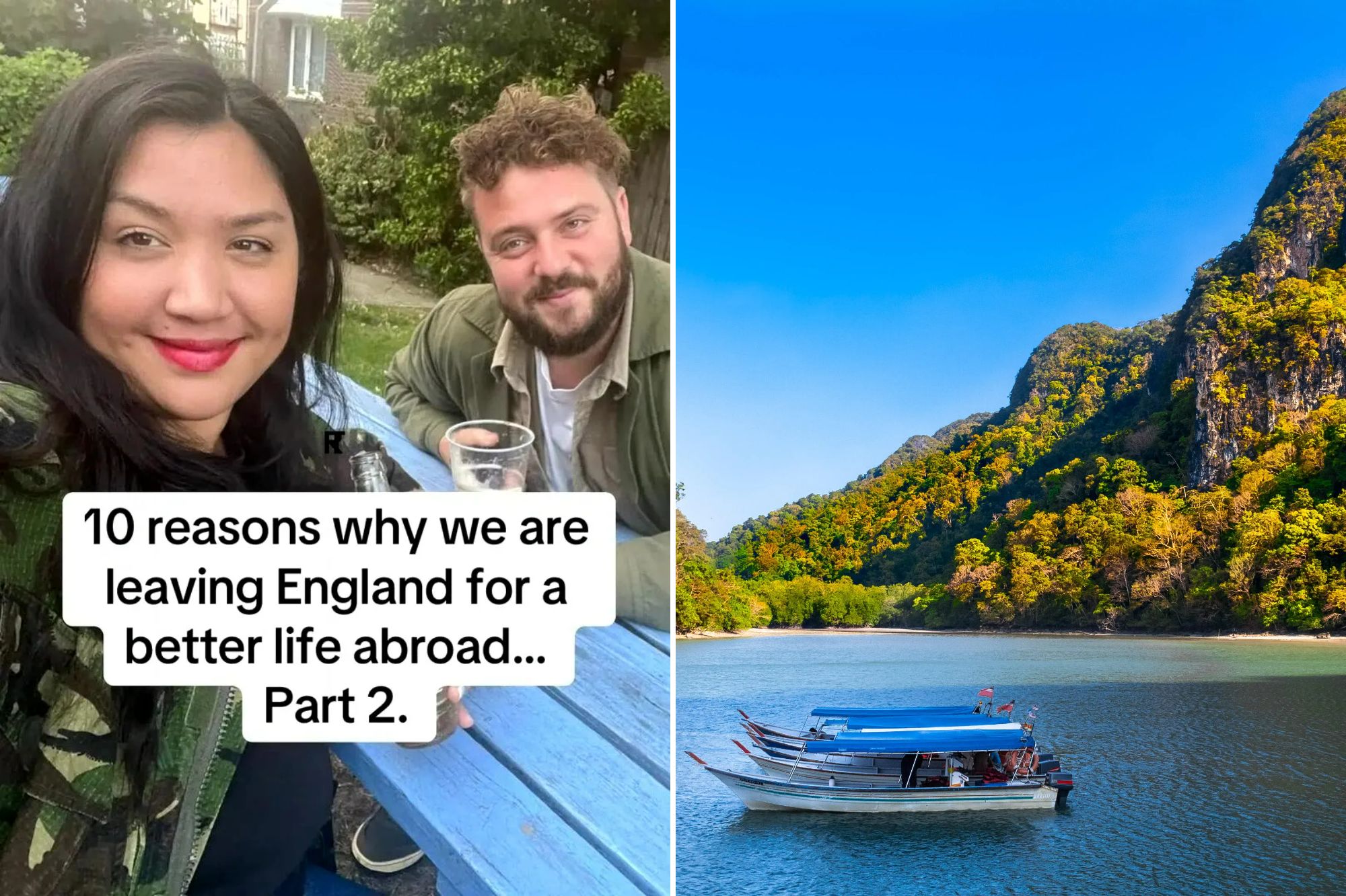 An image collage containing 2 images, Image 1 shows NINTCHDBPICT001035348330, Image 2 shows Magnificent scenery of the Kilim Geoforest Park in Langkawi, Malaysia. A few motorboats are moored in the shaded area of the river and in the