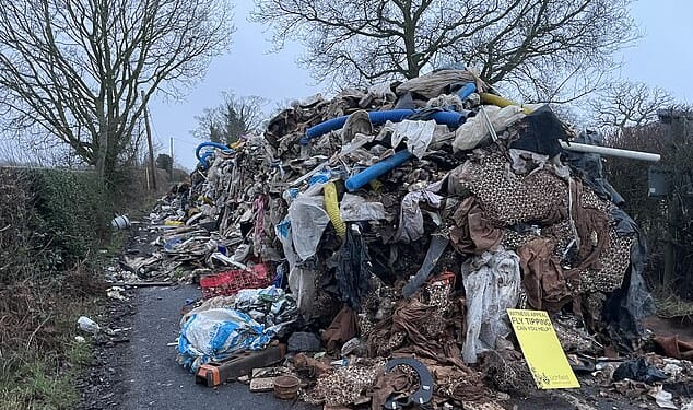 Some 98 per cent of local authorities polled say that illegal waste dumping is an issue in their area and more than half report that incidents have increased in the past year. Pictured: A 10-ft-high pile of waste from Watery Lane, on the outskirts of Lichfield in Staffordshire