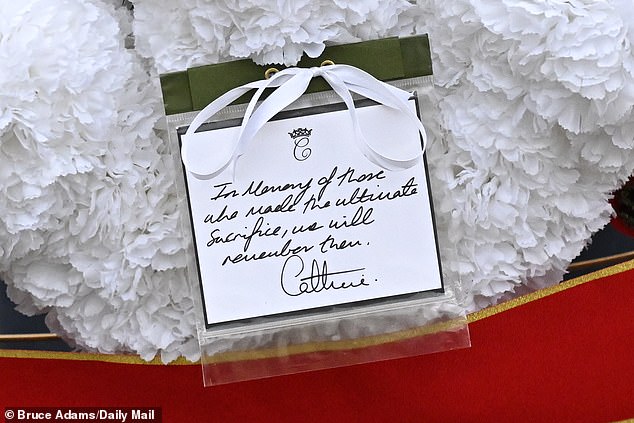 The Princess of Wales wrote a touching tribute to the fallen as she led the Armistice Day service with Prince William today