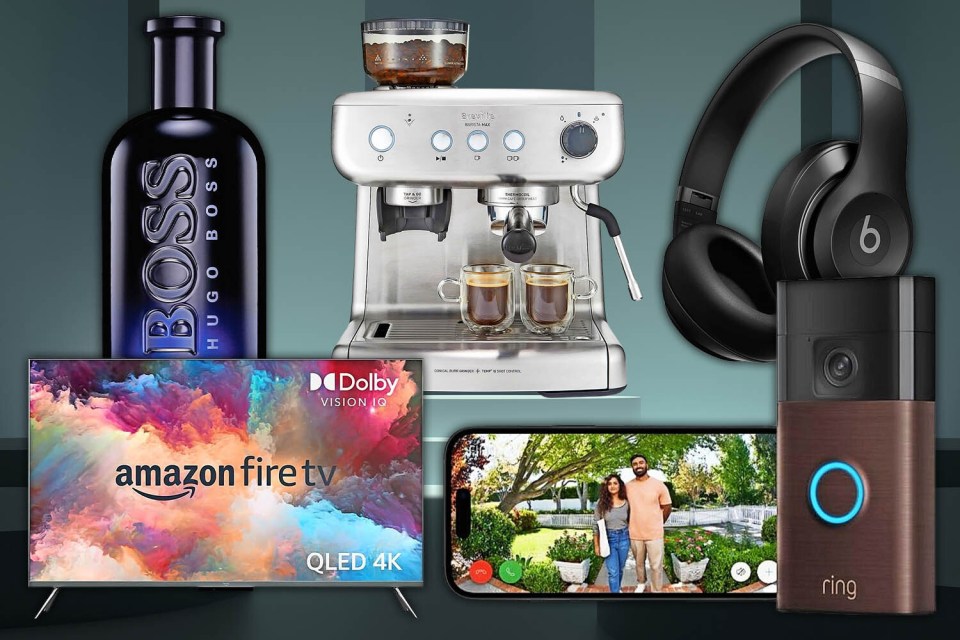 Collage of a Boss perfume bottle, a Breville espresso machine, Beats headphones, an Amazon Fire TV, a smartphone displaying a couple, and a Ring doorbell.