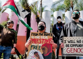 Pro-Palestine protesters in Los Angeles, seen at a March 29 protest, employ the distorted terminology popularized by Hamas, terming Israel's action in Gaza "genocide."