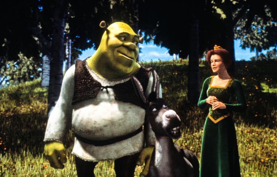 Illustration of Shrek, Donkey, and Princess Fiona from the movie "Shrek".