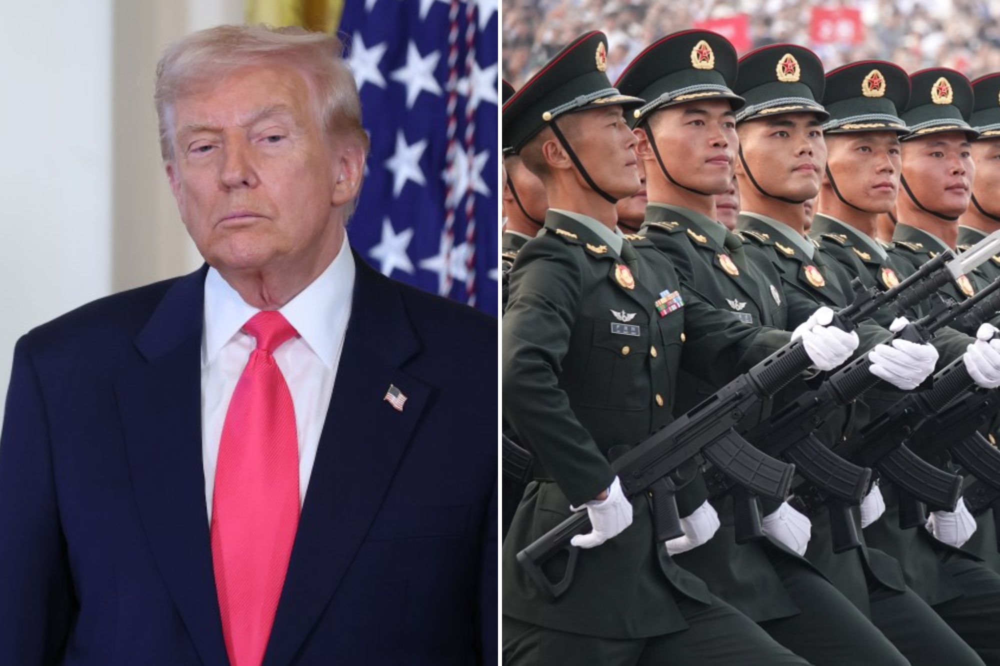 An image collage containing 2 images, Image 1 shows President Trump Signs Executive Order On "Fostering The Future", Image 2 shows China Unveils New Weapons In V-Day Parade