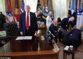 President Donald Trump (left) stands by after a drug company worker fainted in the Oval Office on Thursday