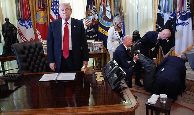 President Donald Trump (left) stands by after a drug company worker fainted in the Oval Office on Thursday