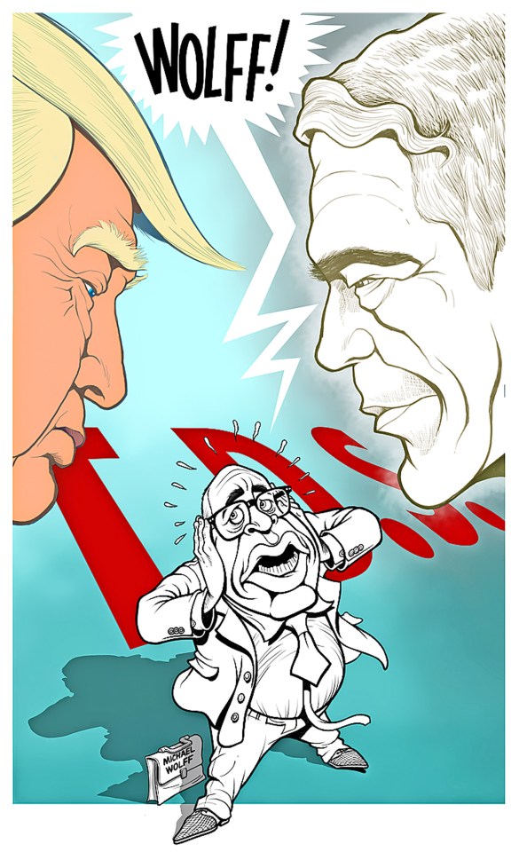 Illustration of Donald Trump and Steve Bannon yelling "WOLFF!" at a cowering Michael Wolff.