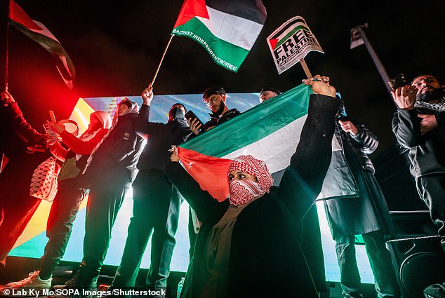 at Aston Villa’s game against Maccabi Tel Aviv in Birmingham, Israeli fans were put in a guarded basketball court. Rival demonstrators – many masked anti-Zionists – were allowed to ‘wander free’
