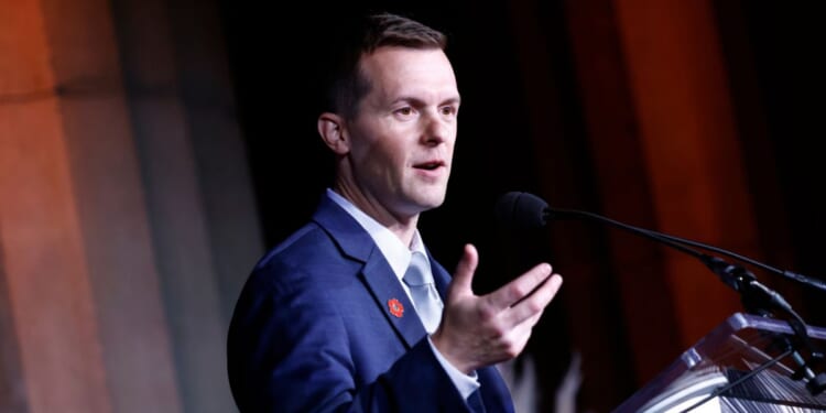 Rep. Jared Golden speaks on stage during Headstrong Washington D.C. Gala at Andrew W. Mellon Auditorium on Nov, 3, 2021, in Washington, D.C.