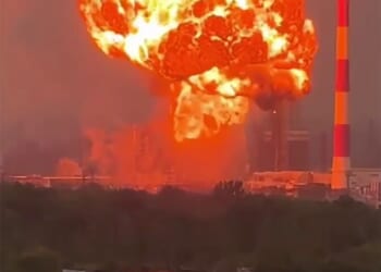 Footage captured the moment Ukrainian drones struck the ELOU AVT-11 installation at the Novokuybyshevsk oil refinery in the Samara region