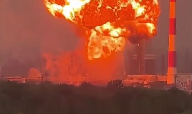 Footage captured the moment Ukrainian drones struck the ELOU AVT-11 installation at the Novokuybyshevsk oil refinery in the Samara region