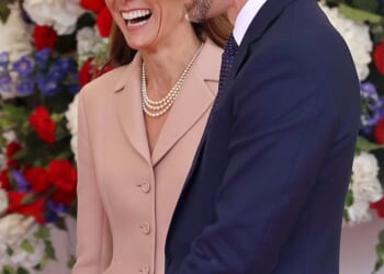 Kate chose a dusty pink ‘Bar’ jacket and matching tulle skirt, both from the French label, in a masterclass of diplomatic dressing