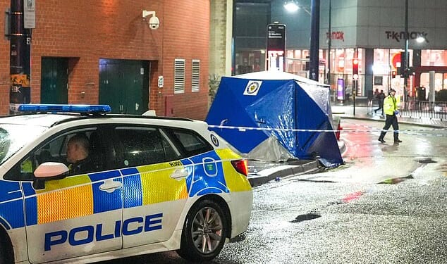 A 34-year-old woman was stabbed in the neck in an 'unprovoked attack' in Birmingham city centre on Friday night. Picture from the scene