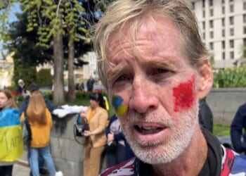 This screengrab taken from AFPTV on Sept. 16, 2024, shows Ryan Wesley Routh speaking during an interview at a rally to urge foreign leaders and international organizations to help provide humanitarian corridors for the evacuation of civilians and Ukrainian servicemen from Mariupol in central Kyiv on April 27, 2022, amid Russia's invasion of Ukraine.