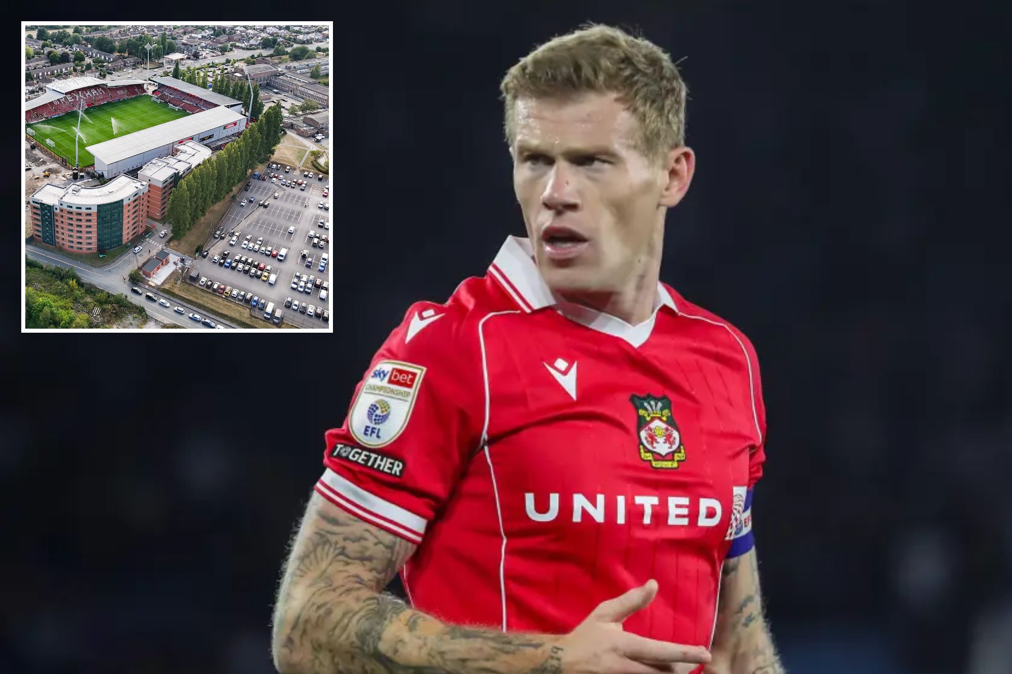 An image collage containing 2 images, Image 1 shows NINTCHDBPICT001036119023, Image 2 shows Aerial view of the Wrexham AFC Racecourse Ground stadium with construction on The Kop stand in progress