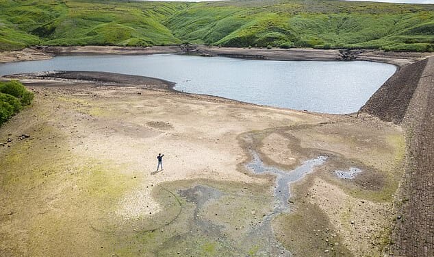 Wesseden Head Reservoir near Huddersfield sitting at just 26 per cent full in June - just before Yorkshire Water implemented its hosepipe ban
