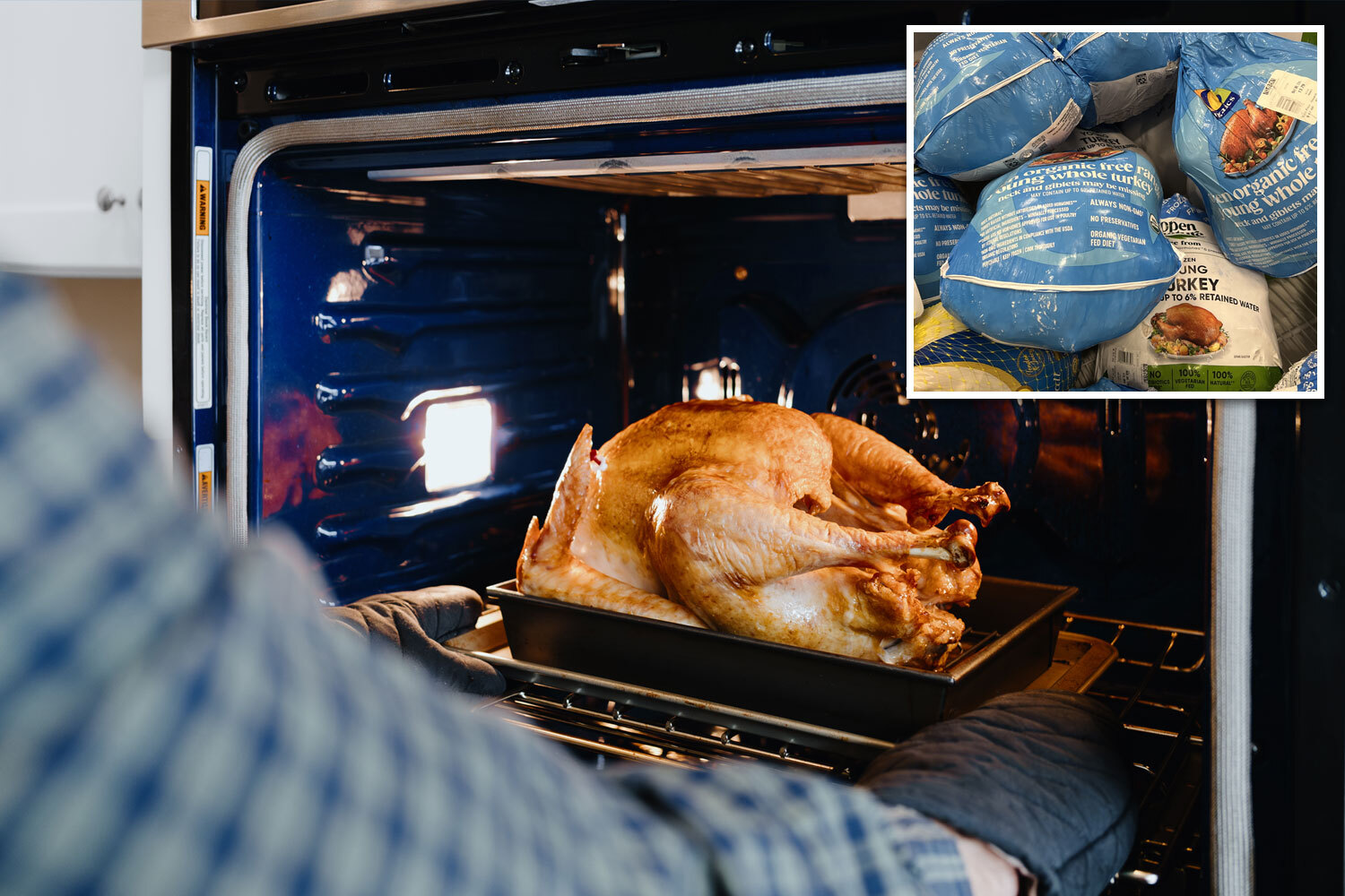 Collage of a roasted turkey in an oven and packages of organic free-range young turkeys.