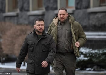 Ukraine's President Volodymyr Zelenskiy and Head of the Presidential Office Andriy Yermak walk, amid Russia's attack on Ukraine, in Kyiv, Ukraine January 22, 2024