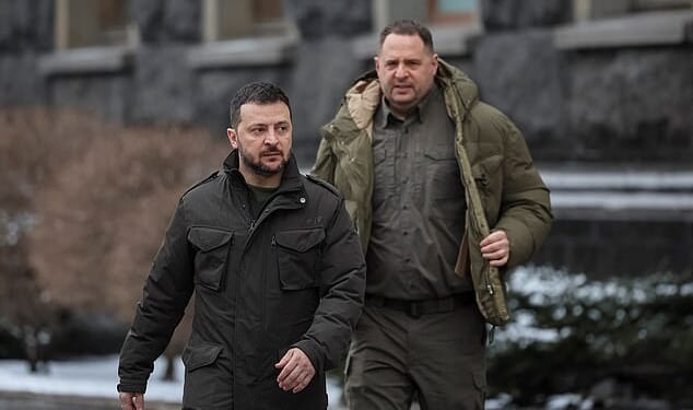 Ukraine's President Volodymyr Zelenskiy and Head of the Presidential Office Andriy Yermak walk, amid Russia's attack on Ukraine, in Kyiv, Ukraine January 22, 2024