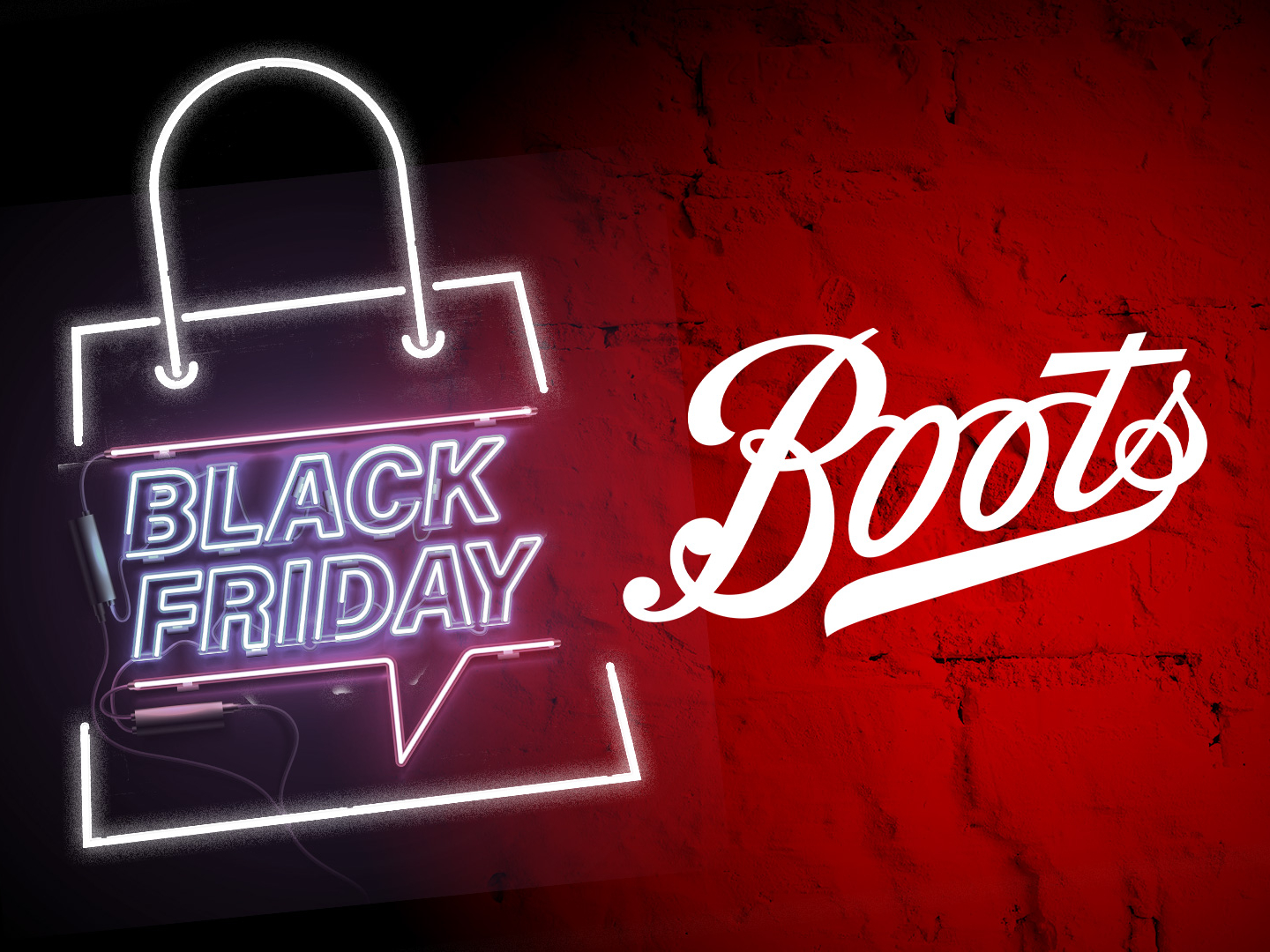 Illustration of a neon "Black Friday" sign inside a shopping bag outline next to the Boots logo.