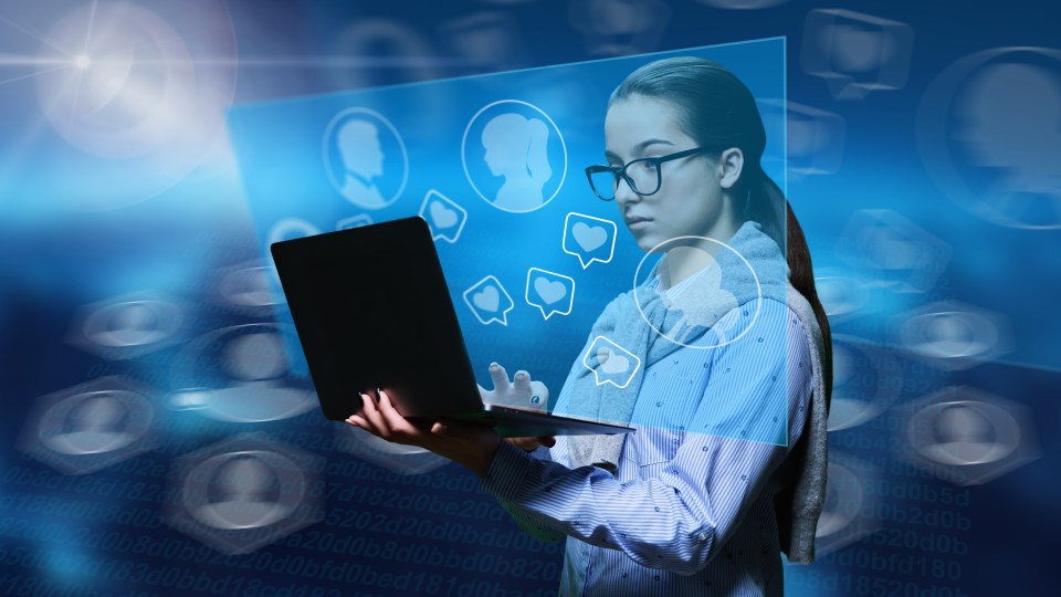 Illustration of a teenage girl using a laptop to chat with friends on social media.