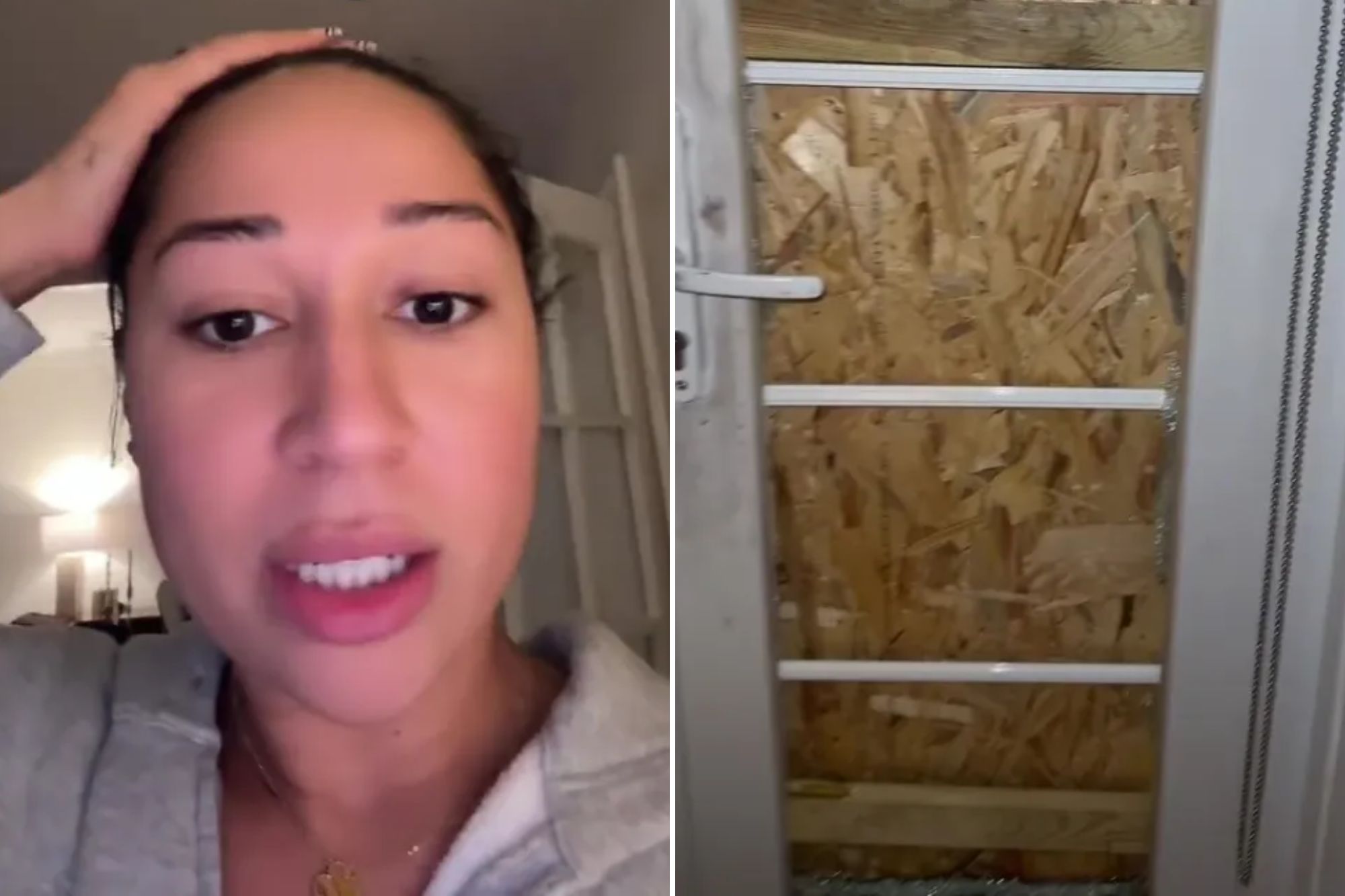 An image collage containing 2 images, Image 1 shows A woman says "My house was broken into last night.", Image 2 shows A boarded-up door with visible broken glass on the floor