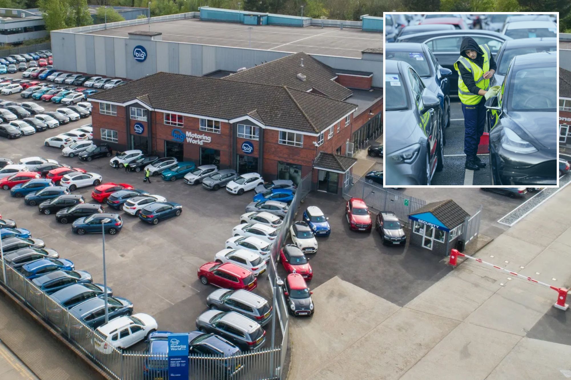 An image collage containing 2 images, Image 1 shows Aerial view of the Big Motoring World car dealership lot filled with cars, Image 2 shows An employee cleaning a used car for sale at a dealership showroom