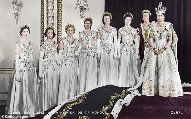 Lady Anne Glenconner (third from left) was a maid of honour at Queen Elizabeth II's coronation