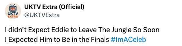 Taking to X fans said: 'Eddie was the most underrated Campmate. Seems like such a lovely guy' and 'I'm so surprised that Kelly is still there! Eddie didn't deserve to go yet, so annoyed'