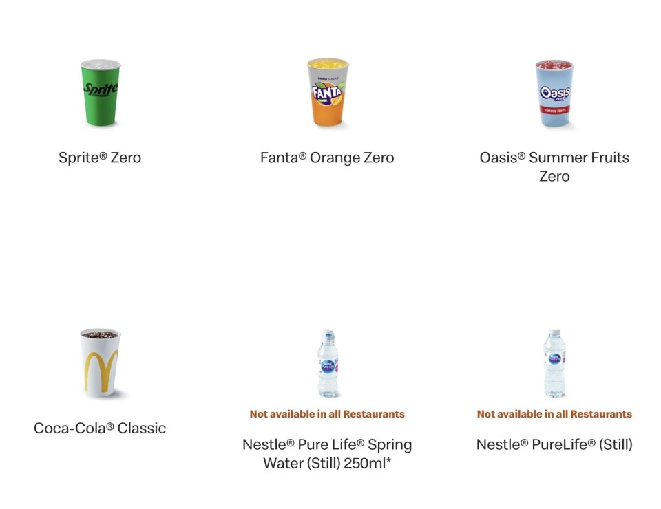 Nine McDonald's drinks, including Grinch Frozen Lemonade, Coca-Cola Zero Sugar, Diet Coke, Sprite Zero, Fanta Orange Zero, Oasis Summer Fruits Zero, Coca-Cola Classic, and two Nestle Pure Life bottled waters.