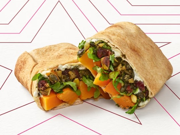 The Pret flatbread is a no-meat version of the classic Christmas lunch sandwich and features roasted butternut squash, chestnut and herb stuffing and pistachios