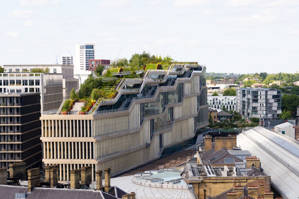 View of Kings Cross, including Kings Cross Station, Google Landscaper, office buildings, and residential buildings.