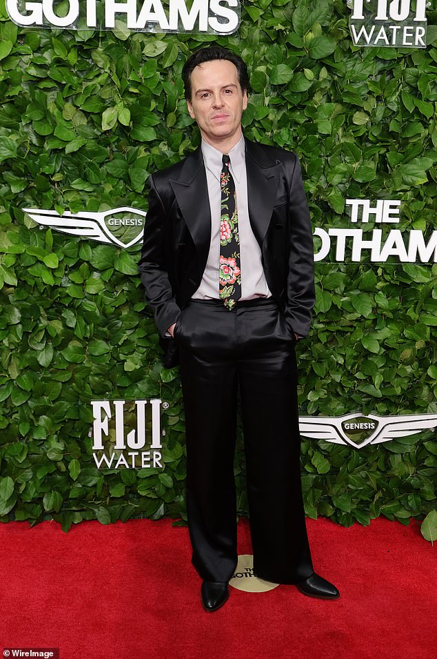 Andrew Scott, 49, looked ultra stylish as he paired his satin black tuxedo jacket and trousers with a pink floral print tie