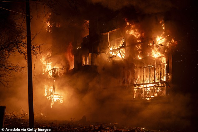 A residential building in a blaze in the aftermath of a Russian strike in Kramatorsk, in the Donetsk region on December 1