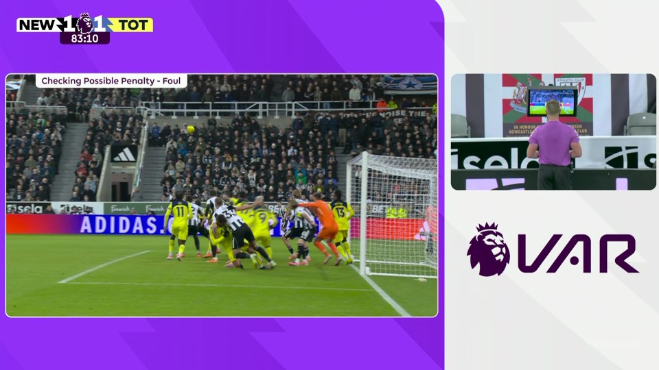 Split-screen view of a soccer game (left) and a VAR review of a possible penalty (right).