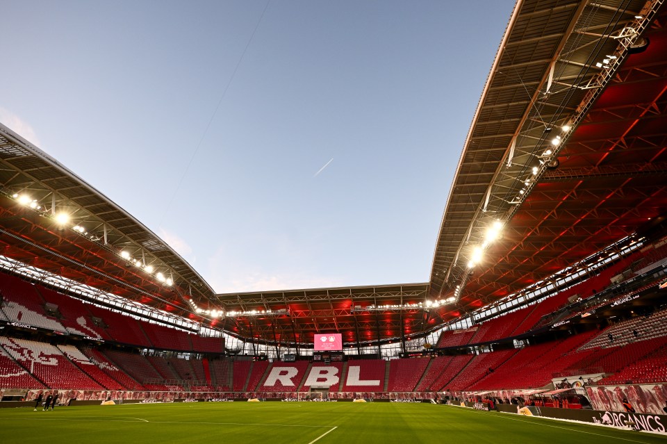 General view of the Red Bull Arena with red seats and the letters "RBL" in white against the red seats, prior to the match between RB Leipzig and Bayer 04 Leverkusen.