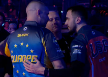 Shocking moment furious pool star confronts fan in stands after making X-rated gesture at them