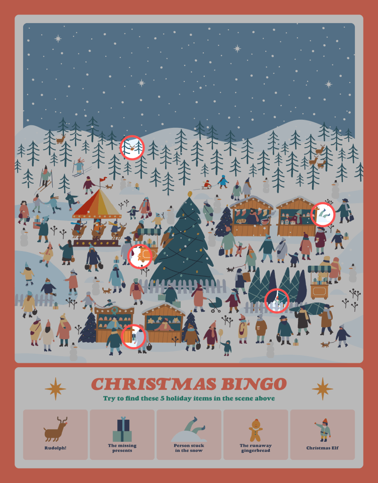 Illustration of a Christmas market bingo game with five circled hidden items.