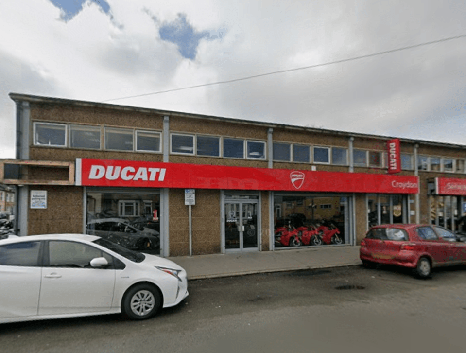 Ducati Croydon dealership with a large red sign.