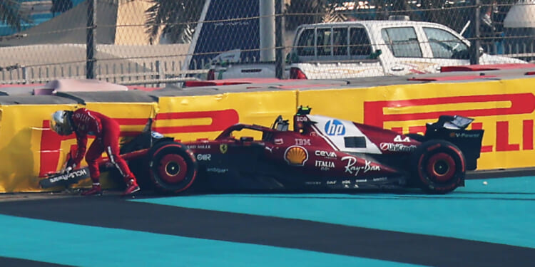 Lewis Hamilton in high speed crash into barrier during Abu Dhabi practice with Brit left holding piece of his Ferrari