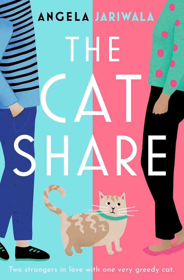 Illustration of a book cover for "The Cat Share" by Angela Jariwala, showing two people, one on a blue background and one on a pink, with a cat between them.