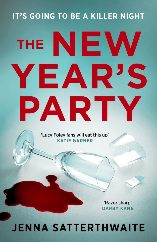 The New Year's Party book cover with a broken wine glass, a pool of red liquid, and the author's name Jenna Satterthwaite.
