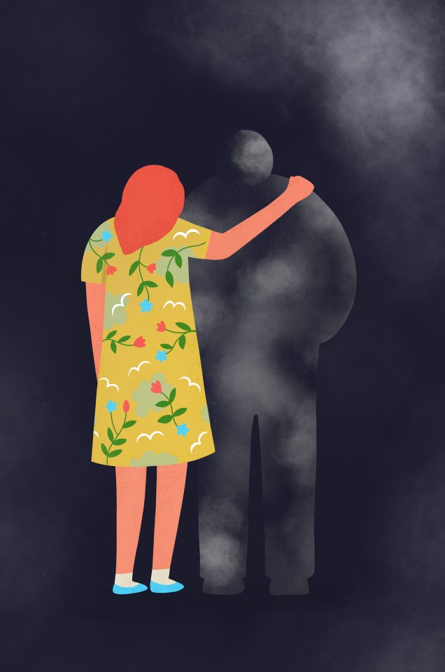 Illustration of a woman in a yellow floral dress with an arm around the hazy outline of a larger person.