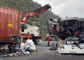 At least seven passengers killed & 11 injured after bus ploughs into lorry stopped with flat tyre as cops arrest driver